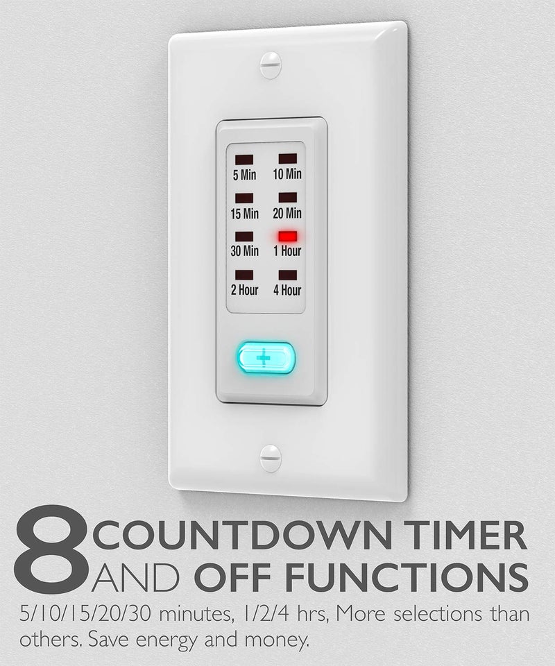 Fosmon Countdown Light Timer Switch for Bathroom, Heaters, 5-10-30-60 Min, 2-4 Hour Programmable in-Wall Timer Switch with 9 Settings 1875W, Neutral Wire Required, ETL Listed - Image 2